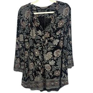 Lucky Brand Floral Black Brown and Gray 3/4 Sleeve Blouse Size 2X